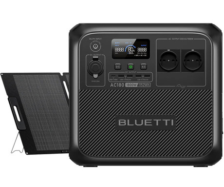 BLUETTI AC180 prenosna polnilna postaja, 1800W moč, 1152Wh baterija, polnjenje / napajanje naprav, BMS sistem, aplikacija, 2x AC, 1x DC 12V, 4x USB-A, 1x USB-C, 1x 15W Qi, zaslon, ročaj, črna