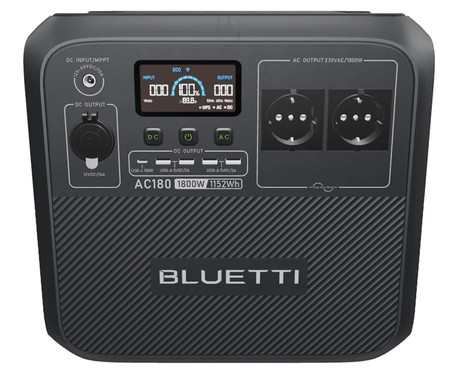 BLUETTI AC180 prenosna polnilna postaja, 1800W moč, 1152Wh baterija, polnjenje / napajanje naprav, BMS sistem, aplikacija, 2x AC, 1x DC 12V, 4x USB-A, 1x USB-C, 1x 15W Qi, zaslon, ročaj, črna
