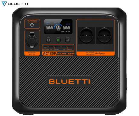 BLUETTI AC180P prenosna polnilna postaja, 1800W moč, 1440Wh baterija, polnjenje / napajanje naprav, BMS sistem, aplikacija, 2x AC, 1x DC 12V, 4x USB-A, 1x USB-C, 1x 15W Qi, zaslon, ročaj, črna
