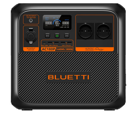 BLUETTI AC180P prenosna polnilna postaja, 1800W moč, 1440Wh baterija, polnjenje / napajanje naprav, BMS sistem, aplikacija, 2x AC, 1x DC 12V, 4x USB-A, 1x USB-C, 1x 15W Qi, zaslon, ročaj, črna