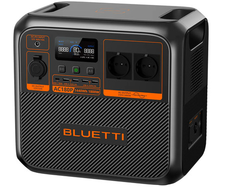 BLUETTI AC180P prenosna polnilna postaja, 1800W moč, 1440Wh baterija, polnjenje / napajanje naprav, BMS sistem, aplikacija, 2x AC, 1x DC 12V, 4x USB-A, 1x USB-C, 1x 15W Qi, zaslon, ročaj, črna