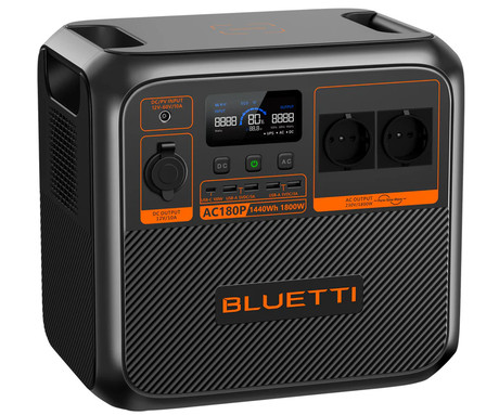 BLUETTI AC180P prenosna polnilna postaja, 1800W moč, 1440Wh baterija, polnjenje / napajanje naprav, BMS sistem, aplikacija, 2x AC, 1x DC 12V, 4x USB-A, 1x USB-C, 1x 15W Qi, zaslon, ročaj, črna