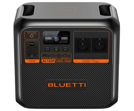 BLUETTI AC180P prenosna polnilna postaja, 1800W moč, 1440Wh baterija, polnjenje / napajanje naprav, BMS sistem, aplikacija, 2x AC, 1x DC 12V, 4x USB-A, 1x USB-C, 1x 15W Qi, zaslon, ročaj, črna