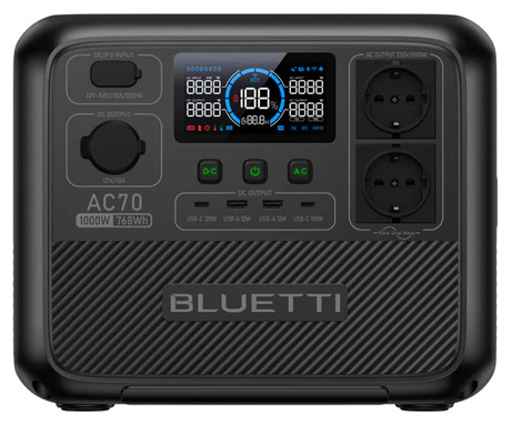 BLUETTI AC70 prenosna polnilna postaja, 1000W moč, 768Wh baterija, polnjenje / napajanje naprav, BMS sistem, aplikacija, 2x AC, 1x DC 12V, 2x USB-A, 2x USB-C, zaslon, ročaj, črna