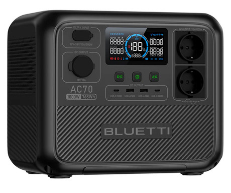 BLUETTI AC70 prenosna polnilna postaja, 1000W moč, 768Wh baterija, polnjenje / napajanje naprav, BMS sistem, aplikacija, 2x AC, 1x DC 12V, 2x USB-A, 2x USB-C, zaslon, ročaj, črna