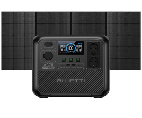 BLUETTI AC70 prenosna polnilna postaja, 1000W moč, 768Wh baterija, polnjenje / napajanje naprav, BMS sistem, aplikacija, 2x AC, 1x DC 12V, 2x USB-A, 2x USB-C, zaslon, ročaj, črna