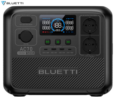 BLUETTI AC70 prenosna polnilna postaja, 1000W moč, 768Wh baterija, polnjenje / napajanje naprav, BMS sistem, aplikacija, 2x AC, 1x DC 12V, 2x USB-A, 2x USB-C, zaslon, ročaj, črna