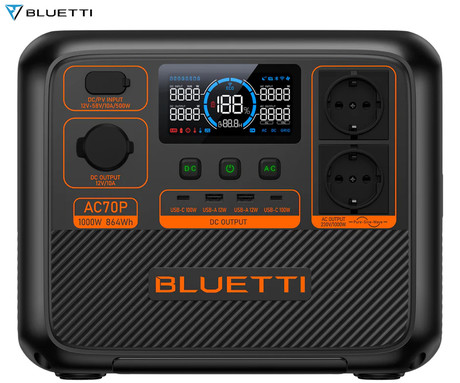 BLUETTI AC70P prenosna polnilna postaja, 1000W moč, 864Wh baterija, polnjenje / napajanje naprav, BMS sistem, aplikacija, 2x AC, 1x DC 12V, 2x USB-A, 2x USB-C, zaslon, ročaj, črna