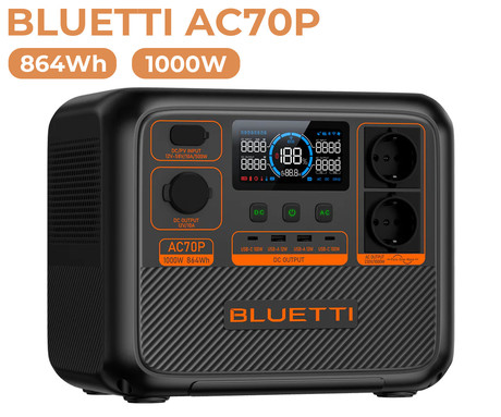 BLUETTI AC70P prenosna polnilna postaja, 1000W moč, 864Wh baterija, polnjenje / napajanje naprav, BMS sistem, aplikacija, 2x AC, 1x DC 12V, 2x USB-A, 2x USB-C, zaslon, ročaj, črna