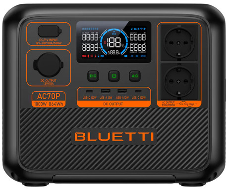 BLUETTI AC70P prenosna polnilna postaja, 1000W moč, 864Wh baterija, polnjenje / napajanje naprav, BMS sistem, aplikacija, 2x AC, 1x DC 12V, 2x USB-A, 2x USB-C, zaslon, ročaj, črna