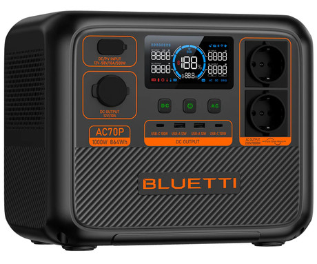 BLUETTI AC70P prenosna polnilna postaja, 1000W moč, 864Wh baterija, polnjenje / napajanje naprav, BMS sistem, aplikacija, 2x AC, 1x DC 12V, 2x USB-A, 2x USB-C, zaslon, ročaj, črna
