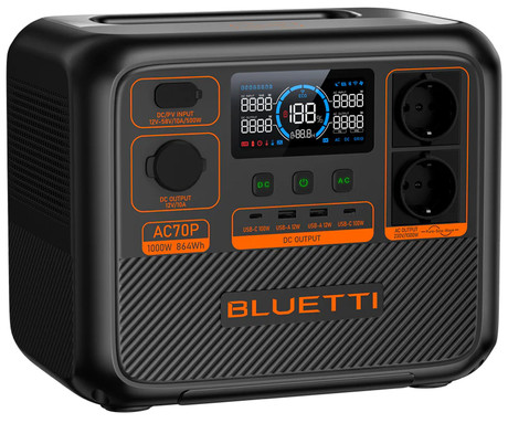 BLUETTI AC70P prenosna polnilna postaja, 1000W moč, 864Wh baterija, polnjenje / napajanje naprav, BMS sistem, aplikacija, 2x AC, 1x DC 12V, 2x USB-A, 2x USB-C, zaslon, ročaj, črna