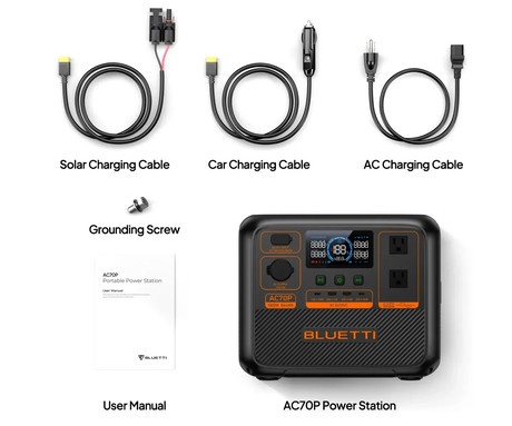 BLUETTI AC70P prenosna polnilna postaja, 1000W moč, 864Wh baterija, polnjenje / napajanje naprav, BMS sistem, aplikacija, 2x AC, 1x DC 12V, 2x USB-A, 2x USB-C, zaslon, ročaj, črna