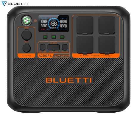 BLUETTI AC200PL prenosna polnilna postaja, 2400W moč, 2304Wh baterija, polnjenje / napajanje naprav, BMS sistem, aplikacija, 4x AC, 2x DC 48/12V, 2x USB-A, 2x USB-C, zaslon, ročaj, črna