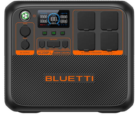 BLUETTI AC200PL prenosna polnilna postaja, 2400W moč, 2304Wh baterija, polnjenje / napajanje naprav, BMS sistem, aplikacija, 4x AC, 2x DC 48/12V, 2x USB-A, 2x USB-C, zaslon, ročaj, črna