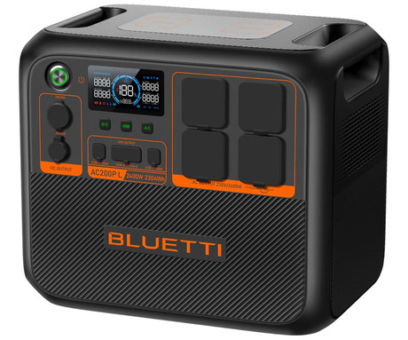 BLUETTI AC200PL prenosna polnilna postaja, 2400W moč, 2304Wh baterija, polnjenje / napajanje naprav, BMS sistem, aplikacija, 4x AC, 2x DC 48/12V, 2x USB-A, 2x USB-C, zaslon, ročaj, črna