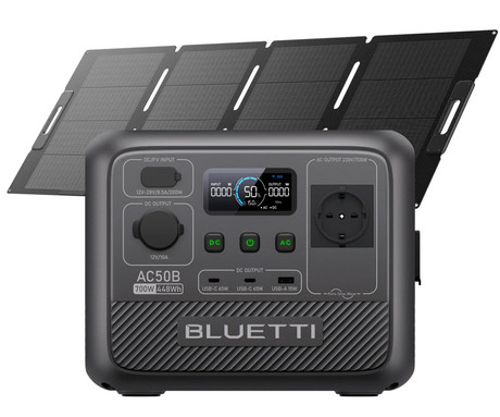 BLUETTI AC50B prenosna polnilna postaja, 700W moč, 448Wh baterija, polnjenje / napajanje naprav, AI BMS sistem, aplikacija, 1x AC, 1x DC 12V, 1x USB-A, 2x USB-C, zaslon, ročaj, črna