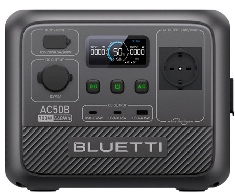 BLUETTI AC50B prenosna polnilna postaja, 700W moč, 448Wh baterija, polnjenje / napajanje naprav, AI BMS sistem, aplikacija, 1x AC, 1x DC 12V, 1x USB-A, 2x USB-C, zaslon, ročaj, črna