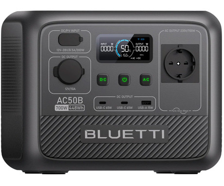 BLUETTI AC50B prenosna polnilna postaja, 700W moč, 448Wh baterija, polnjenje / napajanje naprav, AI BMS sistem, aplikacija, 1x AC, 1x DC 12V, 1x USB-A, 2x USB-C, zaslon, ročaj, črna