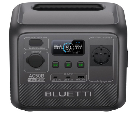 BLUETTI AC50B prenosna polnilna postaja, 700W moč, 448Wh baterija, polnjenje / napajanje naprav, AI BMS sistem, aplikacija, 1x AC, 1x DC 12V, 1x USB-A, 2x USB-C, zaslon, ročaj, črna