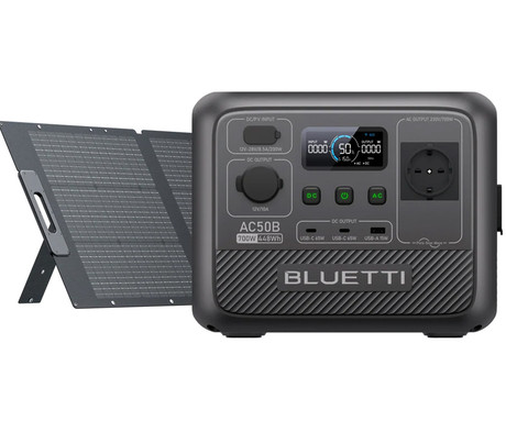 BLUETTI AC50B prenosna polnilna postaja, 700W moč, 448Wh baterija, polnjenje / napajanje naprav, AI BMS sistem, aplikacija, 1x AC, 1x DC 12V, 1x USB-A, 2x USB-C, zaslon, ročaj, črna