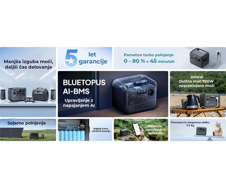 BLUETTI AC50B prenosna polnilna postaja, 700W moč, 448Wh baterija, polnjenje / napajanje naprav, AI BMS sistem, aplikacija, 1x AC, 1x DC 12V, 1x USB-A, 2x USB-C, zaslon, ročaj, črna