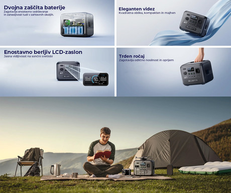 BLUETTI AC50B prenosna polnilna postaja, 700W moč, 448Wh baterija, polnjenje / napajanje naprav, AI BMS sistem, aplikacija, 1x AC, 1x DC 12V, 1x USB-A, 2x USB-C, zaslon, ročaj, črna