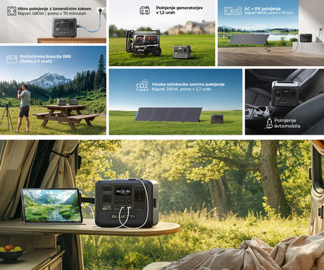 BLUETTI AC50B prenosna polnilna postaja, 700W moč, 448Wh baterija, polnjenje / napajanje naprav, AI BMS sistem, aplikacija, 1x AC, 1x DC 12V, 1x USB-A, 2x USB-C, zaslon, ročaj, črna