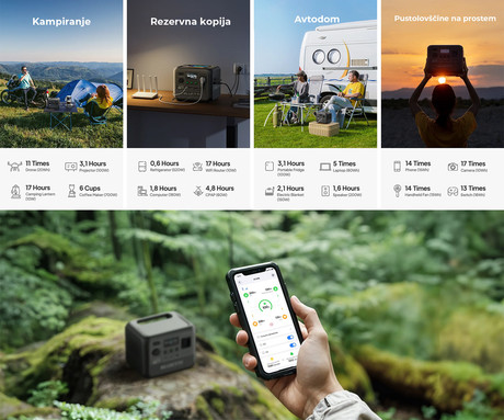 BLUETTI AC50B prenosna polnilna postaja, 700W moč, 448Wh baterija, polnjenje / napajanje naprav, AI BMS sistem, aplikacija, 1x AC, 1x DC 12V, 1x USB-A, 2x USB-C, zaslon, ročaj, črna