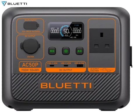 BLUETTI AC50P prenosna polnilna postaja, 700W moč, 504Wh baterija, polnjenje / napajanje naprav, AI BMS sistem, aplikacija, 1x AC, 1x DC 12V, 1x USB-A, 2x USB-C, zaslon, ročaj, črna