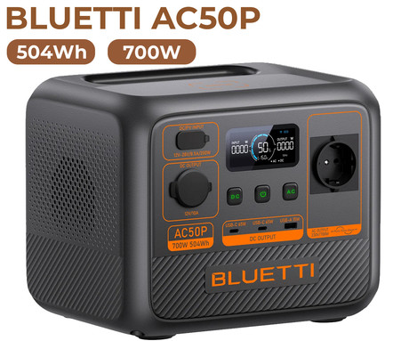BLUETTI AC50P prenosna polnilna postaja, 700W moč, 504Wh baterija, polnjenje / napajanje naprav, AI BMS sistem, aplikacija, 1x AC, 1x DC 12V, 1x USB-A, 2x USB-C, zaslon, ročaj, črna