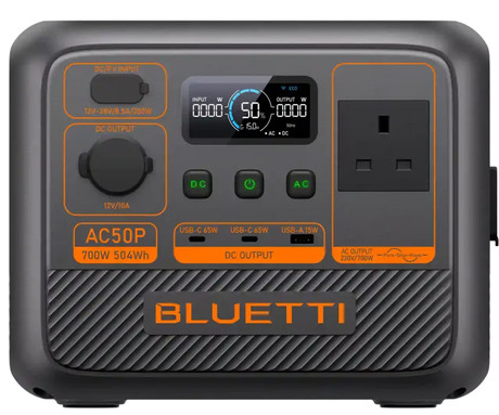 BLUETTI AC50P prenosna polnilna postaja, 700W moč, 504Wh baterija, polnjenje / napajanje naprav, AI BMS sistem, aplikacija, 1x AC, 1x DC 12V, 1x USB-A, 2x USB-C, zaslon, ročaj, črna