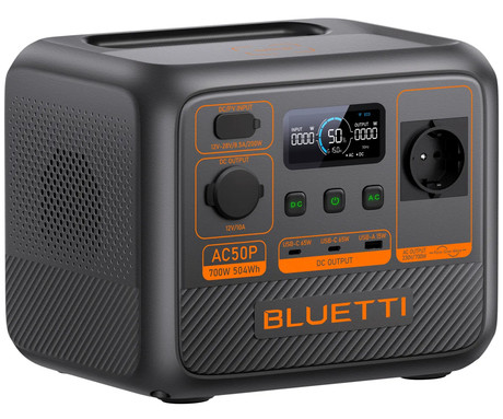 BLUETTI AC50P prenosna polnilna postaja, 700W moč, 504Wh baterija, polnjenje / napajanje naprav, AI BMS sistem, aplikacija, 1x AC, 1x DC 12V, 1x USB-A, 2x USB-C, zaslon, ročaj, črna