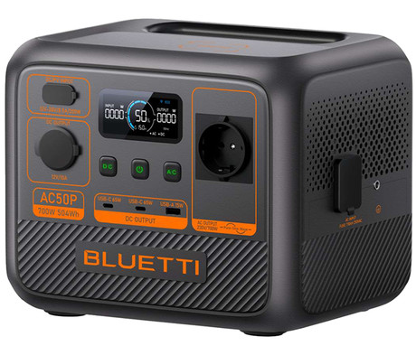 BLUETTI AC50P prenosna polnilna postaja, 700W moč, 504Wh baterija, polnjenje / napajanje naprav, AI BMS sistem, aplikacija, 1x AC, 1x DC 12V, 1x USB-A, 2x USB-C, zaslon, ročaj, črna