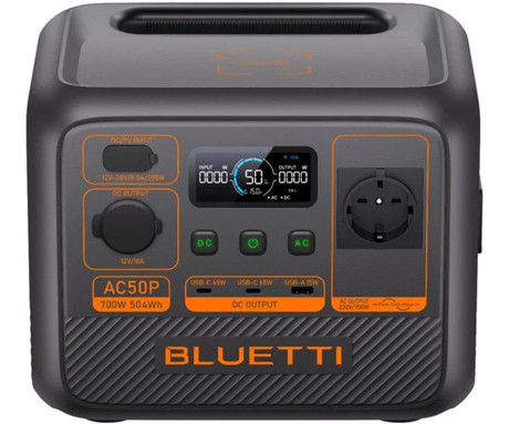 BLUETTI AC50P prenosna polnilna postaja, 700W moč, 504Wh baterija, polnjenje / napajanje naprav, AI BMS sistem, aplikacija, 1x AC, 1x DC 12V, 1x USB-A, 2x USB-C, zaslon, ročaj, črna