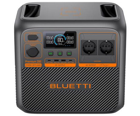BLUETTI PREMIUM 200 V2 prenosna polnilna postaja, 2600W moč, 2074Wh baterija, polnjenje / napajanje naprav, AI BMS sistem, aplikacija, 2x AC, 1x DC 12V, 2x USB-A, 2x USB-C, zaslon, ročaj, črna