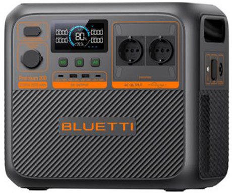 BLUETTI PREMIUM 200 V2 prenosna polnilna postaja, 2600W moč, 2074Wh baterija, polnjenje / napajanje naprav, AI BMS sistem, aplikacija, 2x AC, 1x DC 12V, 2x USB-A, 2x USB-C, zaslon, ročaj, črna