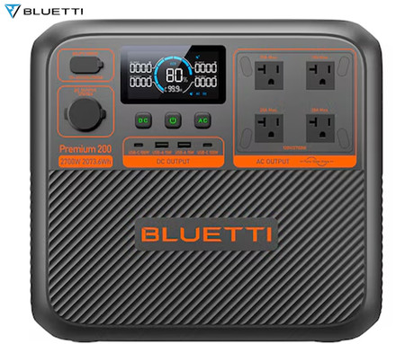 BLUETTI PREMIUM 200 V2 prenosna polnilna postaja, 2600W moč, 2074Wh baterija, polnjenje / napajanje naprav, AI BMS sistem, aplikacija, 2x AC, 1x DC 12V, 2x USB-A, 2x USB-C, zaslon, ročaj, črna