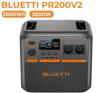 BLUETTI PREMIUM 200 V2 prenosna polnilna postaja, 2600W moč, 2074Wh baterija, polnjenje / napajanje naprav, AI BMS sistem, aplikacija, 2x AC, 1x DC 12V, 2x USB-A, 2x USB-C, zaslon, ročaj, črna