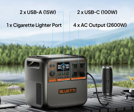 BLUETTI PREMIUM 200 V2 prenosna polnilna postaja, 2600W moč, 2074Wh baterija, polnjenje / napajanje naprav, AI BMS sistem, aplikacija, 2x AC, 1x DC 12V, 2x USB-A, 2x USB-C, zaslon, ročaj, črna