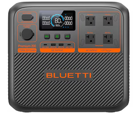 BLUETTI PREMIUM 200 V2 prenosna polnilna postaja, 2600W moč, 2074Wh baterija, polnjenje / napajanje naprav, AI BMS sistem, aplikacija, 2x AC, 1x DC 12V, 2x USB-A, 2x USB-C, zaslon, ročaj, črna