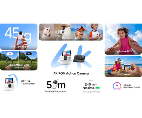 SJCAM S10 akcijska športna kamera, 4K Ultra HD, 2.51" FLIP zaslon, SteadyMotion 2.0, 8x ZOOM, Boost Pod ohišje / baterija, 160° snemalni kot, WIFI 5G, 5M vodoodpornost, aplikacija, +dodatki, črna