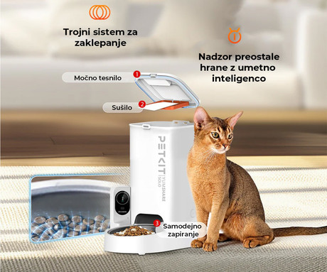 PETKIT YUMSHARE SOLO pametni dozirnik hrane, za pse / mačke, 3L prostornina, AI zaznavanje gibanja, urnik hranjenja, FHD kamera, IR Night Vision, WIFI, aplikacija, mikrofon, zvočnik, 31.6x29.6x18.6cm