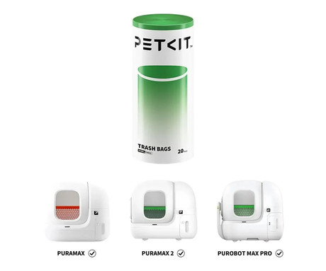 PETKIT WASTE BAGS komplet vrečk za pametno mačje stranišče, 20 kos, za modele PURAMAX / PURAMAX 2 / PUROBOT MAX PRO, trpežna izdelava, Tear-Free oblika, enostavna uporaba