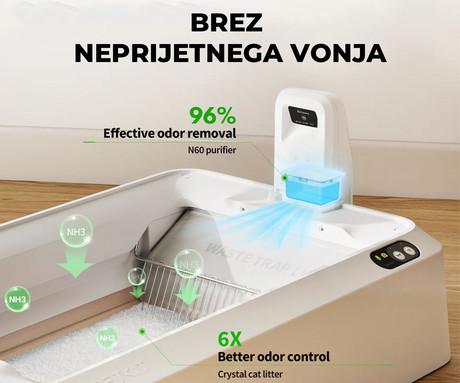 PETKIT PUROBOT CRYSTAL DUO pametno mačje stranišče, za vse velikosti, AI kamera + zdravje, varnostni senzorji, 2-stransko grabljenje, Double nadzor vonjav, tiho delovanje, WIFI, aplikacija, 82x51x33cm