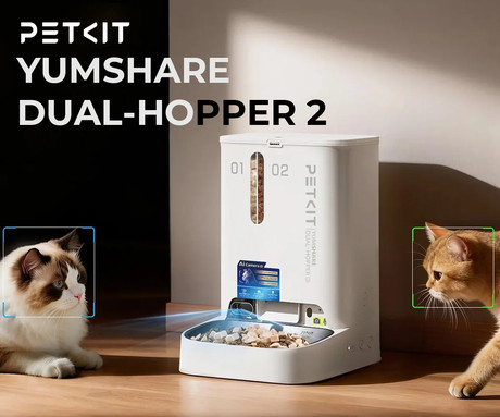 PETKIT YUMSHARE DUAL HOPPER 2 pametni dozirnik hrane, za pse / mačke, 5L prostornina, AI zaznavanje, urnik hranjenja, FHD kamera, IR Night Vision, WIFI, aplikacija, mikrofon, zvočnik, 36x29x25cm