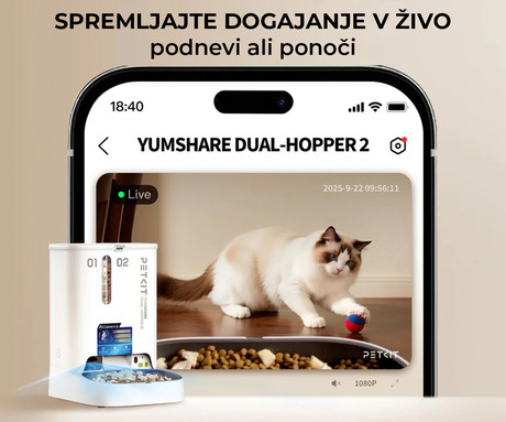 PETKIT YUMSHARE DUAL HOPPER 2 pametni dozirnik hrane, za pse / mačke, 5L prostornina, AI zaznavanje, urnik hranjenja, FHD kamera, IR Night Vision, WIFI, aplikacija, mikrofon, zvočnik, 36x29x25cm
