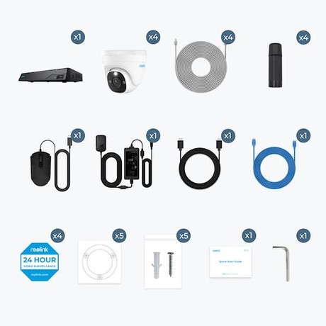 Reolink NVS8-8MD4 IP varnostni komplet, 4x kamera, 1x snemalna enota, 8MP 4K Ultra HD, POE, AI zaznavanje, Night Vision, aplikacija, dvosmerna komunikacija, pametni alarm, IP67 vodoodpornost