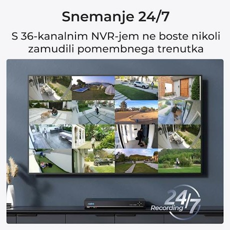 Reolink NVS36 snemalna enota, 36 kanalov, 3 trdi diski, 8 alarmnih vhodov, dvosmerni zvok, črna