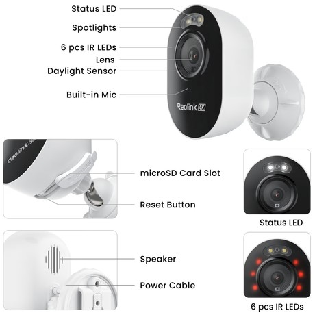 Reolink LUMUS E450 IP kamera, 8MP 4K Ultra HD, WIFI 6, AI zaznavanje, barvni Night Vision, aplikacija, dvosmerna komunikacija, pametni alarm, IP65 vodoodpornost, bela
